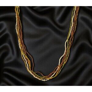 Earth Tone Layered Multi-Strand Seed Beaded Necklace 35" Bohemian Rustic Neutral